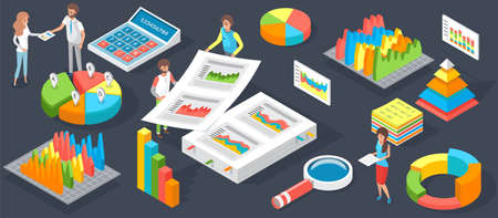 Visualize with business analytics. People work with statistical data analysis, changing indicators. Employees analyze statistical indicators, business data. Characters work with marketing researchのイラスト素材
