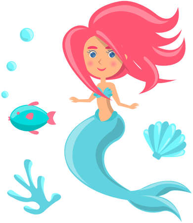 Underwater life of mermaid, blue fish, sea horse, coral and seaweed in ocean. Marine fairytale characters on white background. Girl with mermaid tail and long hair, cartoon water nymph,のイラスト素材