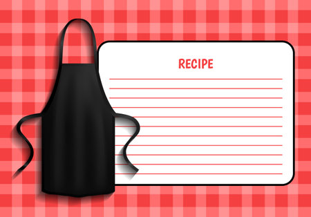 Black apron next to piece of paper with recipe. Clothes for work in kitchen, protective element of clothing for cooking. Apron for cooking in kitchen and protection of clothes near recipe of dishのイラスト素材
