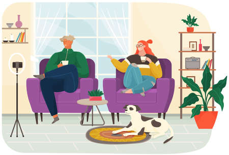 People sitting on armchairs broadcasting live, recording podcast on smartphone. Man and woman communicate, record video, online talk show. Cartoon characters and dog filming video blog in studioのイラスト素材