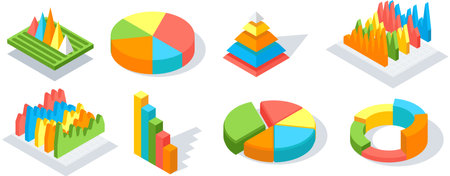 Collection of 3d pie diagrams, pie charts. Isometric infographics. Financial strategy, data research. Visual presentation, digital marketing, business statistics concept. Visualization of infochartsのイラスト素材