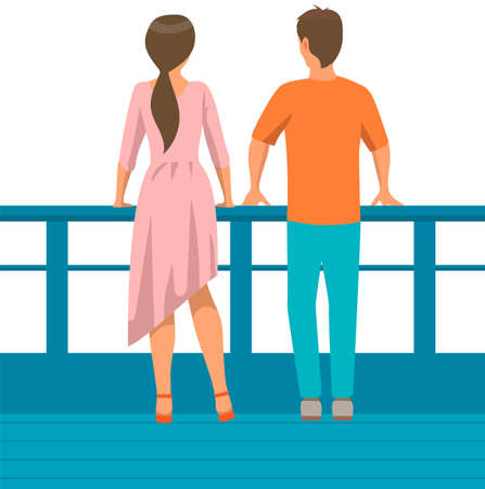 Young people in casual clothes back view. Couple man and woman on walk on embankment. Characters stand near fence looking into the distance. Pair or friends on meeting or date outdoors togetherのイラスト素材