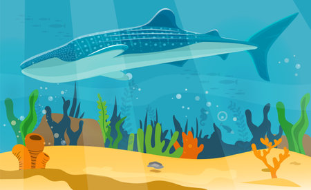Underwater landscape with large predatory marine fish. Whale swimming in ocean, bottom of sea. Humpback whale and marine life in salty sea water. Aquatic world, ocean floor with algae and coralsのイラスト素材