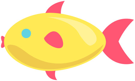Yellow fish with fins on white background. Cartoon nautical character lives in sea and ocean. Sea dweller, aquarium fingerling. Wild nature of mediterranean sea. Underwater life of sea creatureのイラスト素材