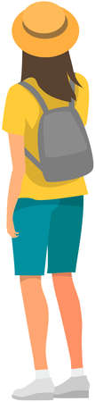Woman with backpack looking at something behind her. Back view of girl tourist, vector illustration...