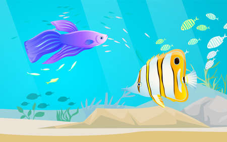 Underwater ocean fauna with exotic fishes. Ocean bottom with marine life reprsentatives. Marine underwater world with school of tropical fish. Seascape, undersea landscape vector illustrationのイラスト素材