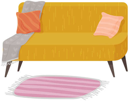 Living room furniture design, modern home interior elements. Contemporary furniture for living room or home office. Sofa with pillows. Modern sofa place to relaxのイラスト素材