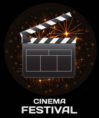 Cinema festival banner with film clapper board on black background. Art and entertainment. Empty board with stripes, black glossy cinema object, equipment for making video production, film industryのイラスト素材
