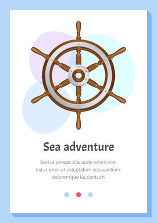 Sea adventures and tourism object. Wooden and metal steering wheel for setting right direction of ship isolated. Sea adventure. Nautical cruise and sea travelling. Rudder for boat controlのイラスト素材