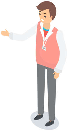 Male character sales representative of organization at exhibition with badge and in uniform standing on white background. Business person shows his hand and works at presentation talking to clientのイラスト素材