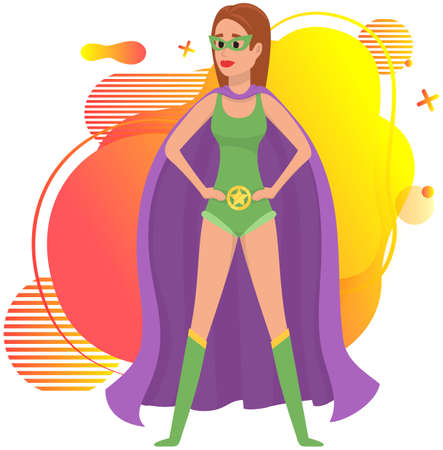 Superwoman smiling, waving hand and has superpowers. Cartoon character in superhero costume with cloak, mask and emblem stands on white background. Strong person protects people from villainsのイラスト素材