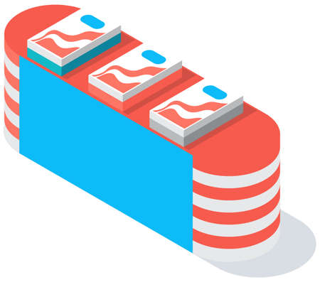 Trading equipment shelf for goods. Store furniture with merchandise, clothes or shoes in boxes, exhibition. Blank row for storage and keeping goods. Rack for commercial market isolated on whiteのイラスト素材
