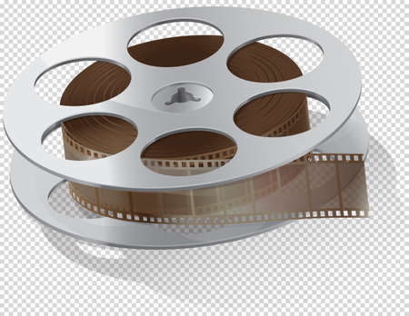 Cinema movie and photography film strip wound on bobbin, vector flat element in vintage style. Cinema strip isolated icon with recorded film on tape, cinematography retro photo roll with framesのイラスト素材