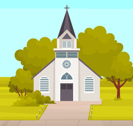 Old Catholic Church isolated. Cartoon vector classic cathedral illustration. Religious building in style of ancient architecture, traditional prayer house with cross on roofのイラスト素材