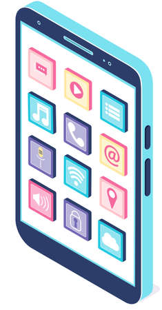 Smartphone and standard mobile applications on screen. Programming, software development, apps for electonic device. Development of mobile application, program for phone vector illustrationのイラスト素材