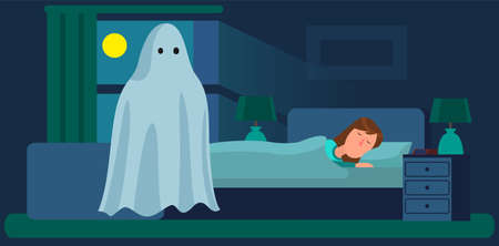 Ghosts in a dream. Girl s fantasy with frightened expression imagining very scary big monster from under bed in bedroom at night. Fear of darkness. Woman and spooky white ghost from nightmareのイラスト素材