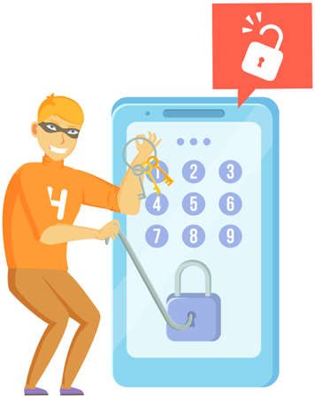 Blocking hacker attack. Hacker breaks into smartphone. Cyber attacker trying to hack computer. Breaking phone, pin code, cracking screen lock, cartoon vector isolated. Hacking protection systemのイラスト素材