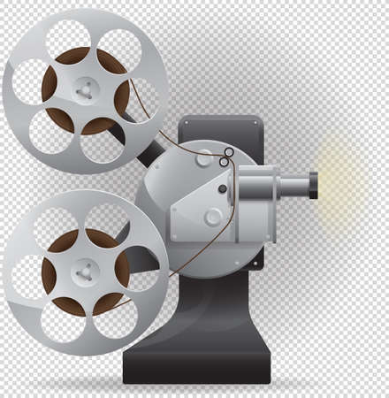 Cool retro movie projector with abstract light rays. Analog device cinema motion picture film projector with different film reels. Optical device for viewing still images, filmstrips, slidesのイラスト素材