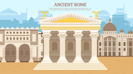 Ancient roman pantheon temple column building rome tiles, strategic development antique culture. Italian landmark Pantheon, old temple in city square. Traditional historical landscape ancient timesのイラスト素材