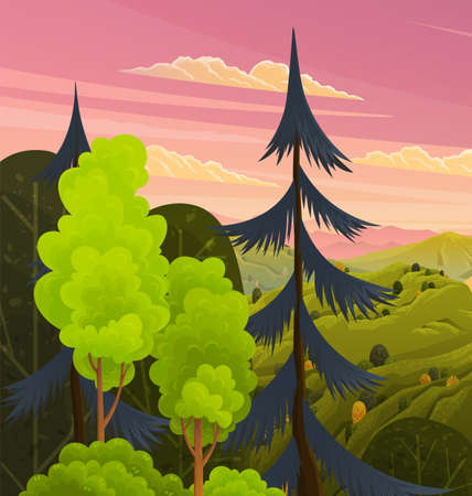 Green landscape with mountains vector illustration with trees and bushes in foreground. Rural summer meadow terrain with pines on hills flat style. Nature green and yellow landscape with pink skyのイラスト素材