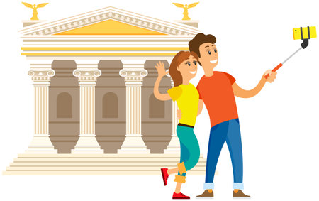 Couple of tourists traveling, take photo in Rome with pantheon temple column building. Travel to Italy tourism on vacation or studying, italian people and landmarks, architecture, culture sightseeingsのイラスト素材