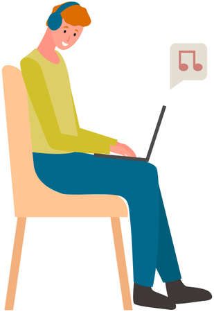 Man sitting in armchair and listening to music in headphones. Listening to radio, songs, audio, social media with computer. Online entertainment for pastime with Internet. Guy chooses audio recordingのイラスト素材