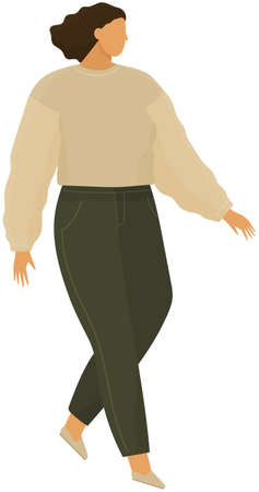 Young beauty caucasian woman walks alone. Illustration of cute girl in white blouse and green pants isolated female character in walking position. Flat vector pretty lady with dark hair in full lengthのイラスト素材