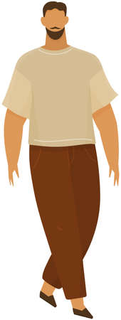 Young bearded caucasian man walks alone. Illustration of cute guy in white tshirt and brown pants isolated male character in walking position. Flat vector businessman with dark hair in full lengthのイラスト素材