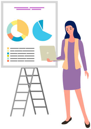 Data analysis research statistics concept. Work with statistics, strategy, business development. Female employee talks about results of statistical research. Woman near presentation board with dataのイラスト素材