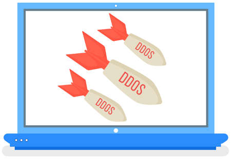 Ddos attack on laptop screen, distributed denial of service, hacking isolated vector. Bombs fly down. Vulnerability scanning cocnept. Data center and web hosting symbol. Evading firewall or IDSのイラスト素材