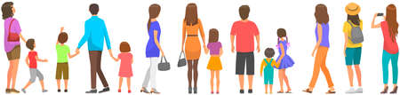 People in casual clothes back view. Characters stand looking into distance isolated on white background. Parents and children spend time outdoors together. Family weekend getaway, watching somethingのイラスト素材