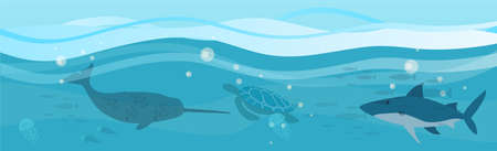 Underwater landscape with sea creatures. Large predatory marine mammals, killer whale and narwhal in ocean. Fish and marine life swimming in salty sea water. Whales and fishes, aquatic worldのイラスト素材