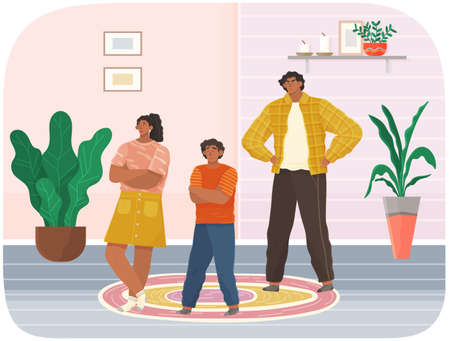 Mutual relations of parents and children, dad scream and scold children, negative teens emotions. Family upbringing problems. Disobedient child, conflict at home between father and teenagersのイラスト素材
