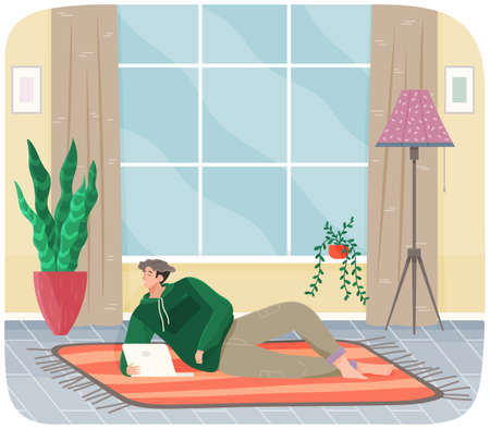 Man lying on couch with computer, holding laptop and correspondence surfing in Internet. Male character communicating with friends, studying remotely, sitting on floor, relaxing, resting after workのイラスト素材