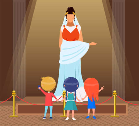 Museum visitors group of small children looking at classical figure of roman citizen female character, museum guide telling kids about historical person, people viewing museum exhibit on excursionsのイラスト素材