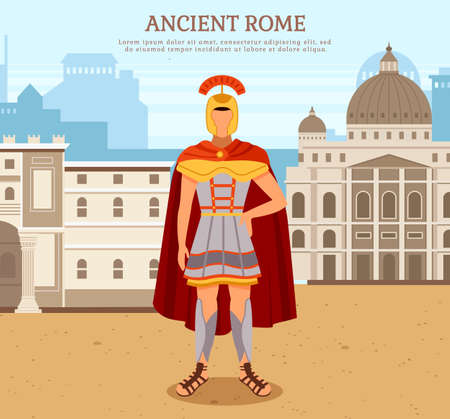 Ancient warrior gladiator near roman building in city square, antique culture vector poster. Italian landmark, old construction, legionary. Traditional historical character and landscape ancient timesのイラスト素材
