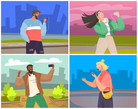 People using smartphones, gadget, mobile phone. People with cellular devices cartoon character....