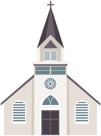 Old Catholic Church isolated on white background. Cartoon vector classic cathedral illustration. Religious building in style of ancient architecture, traditional prayer house with cross on roofのイラスト素材