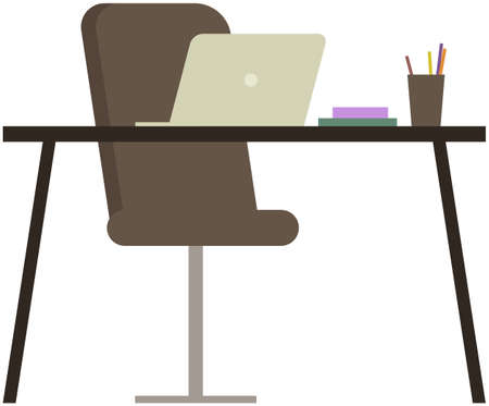 Modern workplace flat design. Office chair and office desk. Furniture and equipment for workplace of employee or office worker, vector interior workspace. Business and home work cabinet equipmentのイラスト素材