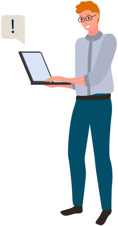 Distance learning, freelance and internet surfing. Man works with laptop, makes remark, pays attention. Remote work with computer, online freelancing. Guy standing with laptop clicks exclamation markのイラスト素材