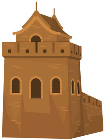 Medieval European stone castle. Knight s fortress. Ancient structure for protection and defense. Military defensive building with high walls, windows, gates and tower. Fortress or castle in old townのイラスト素材