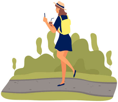 Young happy woman walking in park with mobile phone and coffee using smartphone to share posts and news in social networks, chatting with friends. Girl holds smart phone to make repost of videoのイラスト素材