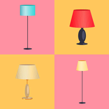 Lamps set isolated on pink and yellow backdrops vector, torchere standard-lamp, varied shape lamps on long and short stands, electric decor elementsのイラスト素材