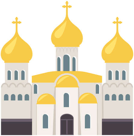 Old Orthodox Church isolated on white background. Temple vector classic cathedral illustration. Religious building in style of ancient architecture, traditional prayer house, dome with cross on roofのイラスト素材