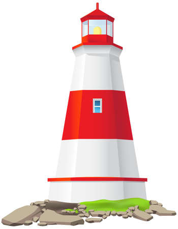 Big red and white lighthouse standing on stones isolated on white background. Large construction of water coast nautical equipment standing on shore. Large lantern illuminates way for ships at nightのイラスト素材