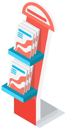 Book shelf with books or brochures, promotional items or samples. Bookstore traiding equipment, exhibition isolated on white. Textbooks and notebooks on showcase of stationery store, printed productsのイラスト素材