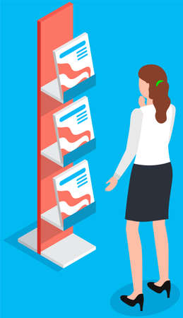 Young person offers to buy product from company. Stand and showcase for trade with advertising brochures, presentation modern color goods for buyers. Character with badge shows books at exhibitionのイラスト素材