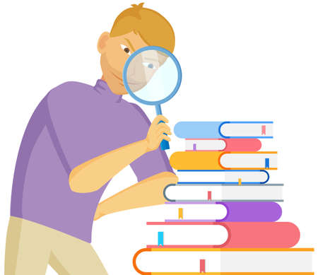 Male chatacter using magnifying glass looking at stack of books, person with loupe isolated on white background. Student, businessman in search, carefully examines details. Marketing researchのイラスト素材