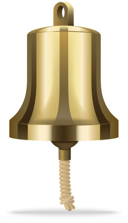 Huge golden pirate ship bell with rope designed for hand use. Ancient technology for signaling from ship to shore. Metal percussion musical and signal instrument for yacht, attribute of sea travelのイラスト素材