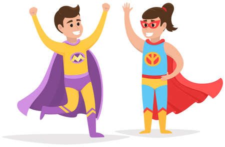 Strong super man and super woman smiles and flies to save world stretched out his hand. Brave character in superhero costume with cloak. Cartoon person hurries to protects people from villainsのイラスト素材